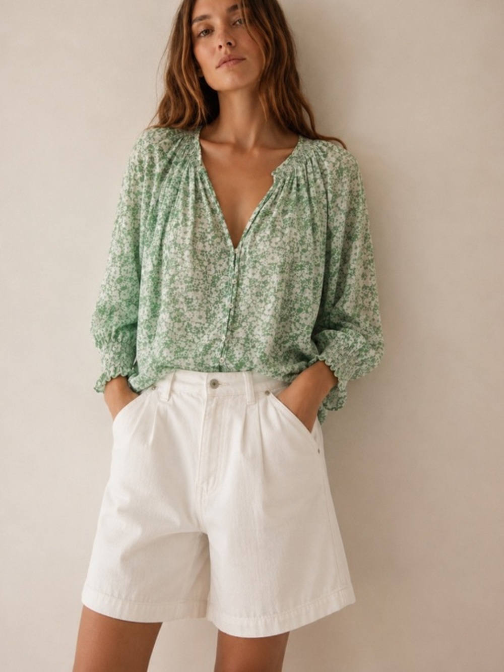 Rails green and white floral linen blend Mariah blouse S